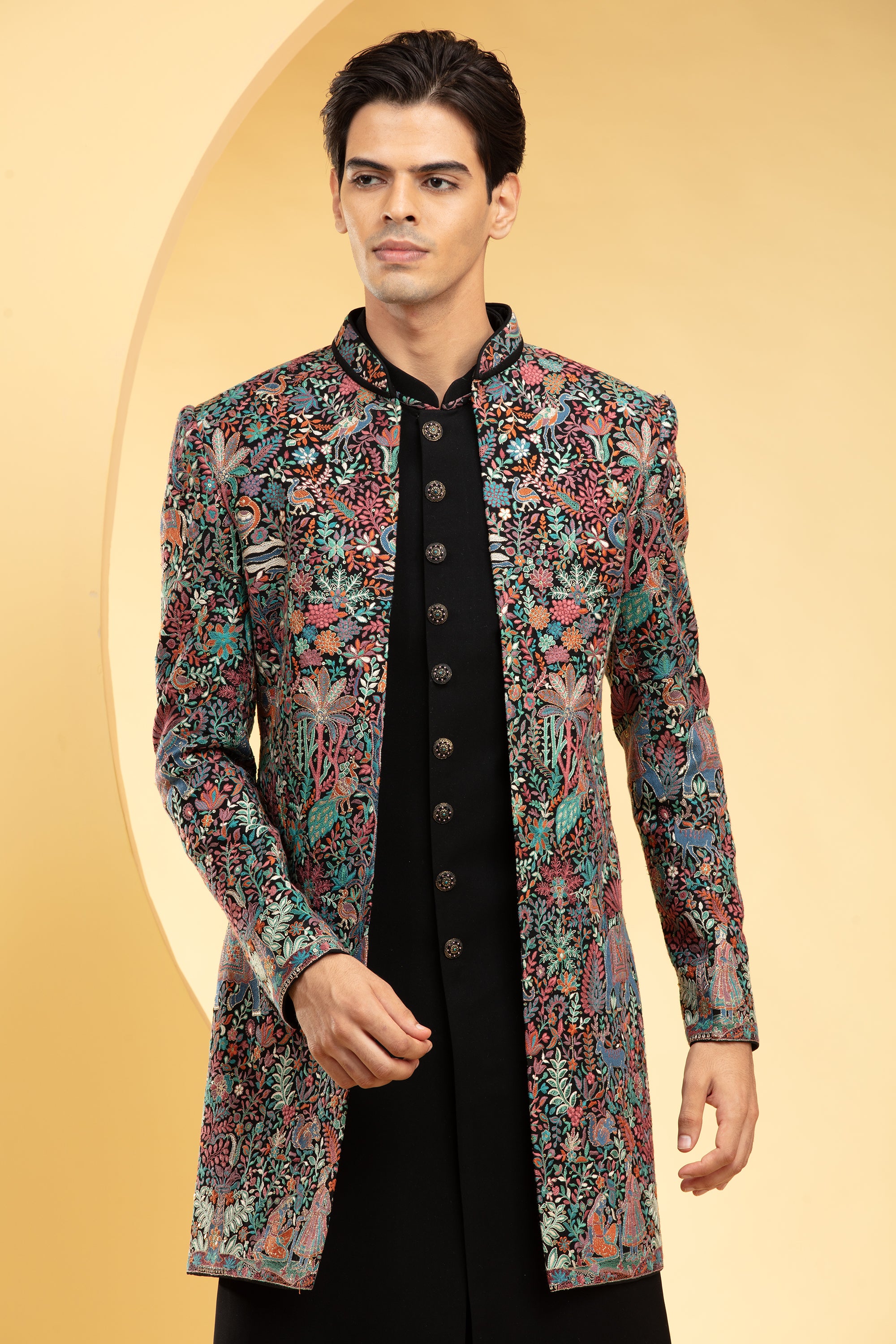 Multicolour Open Indo Western Set with multicolour hand work and metal buttons