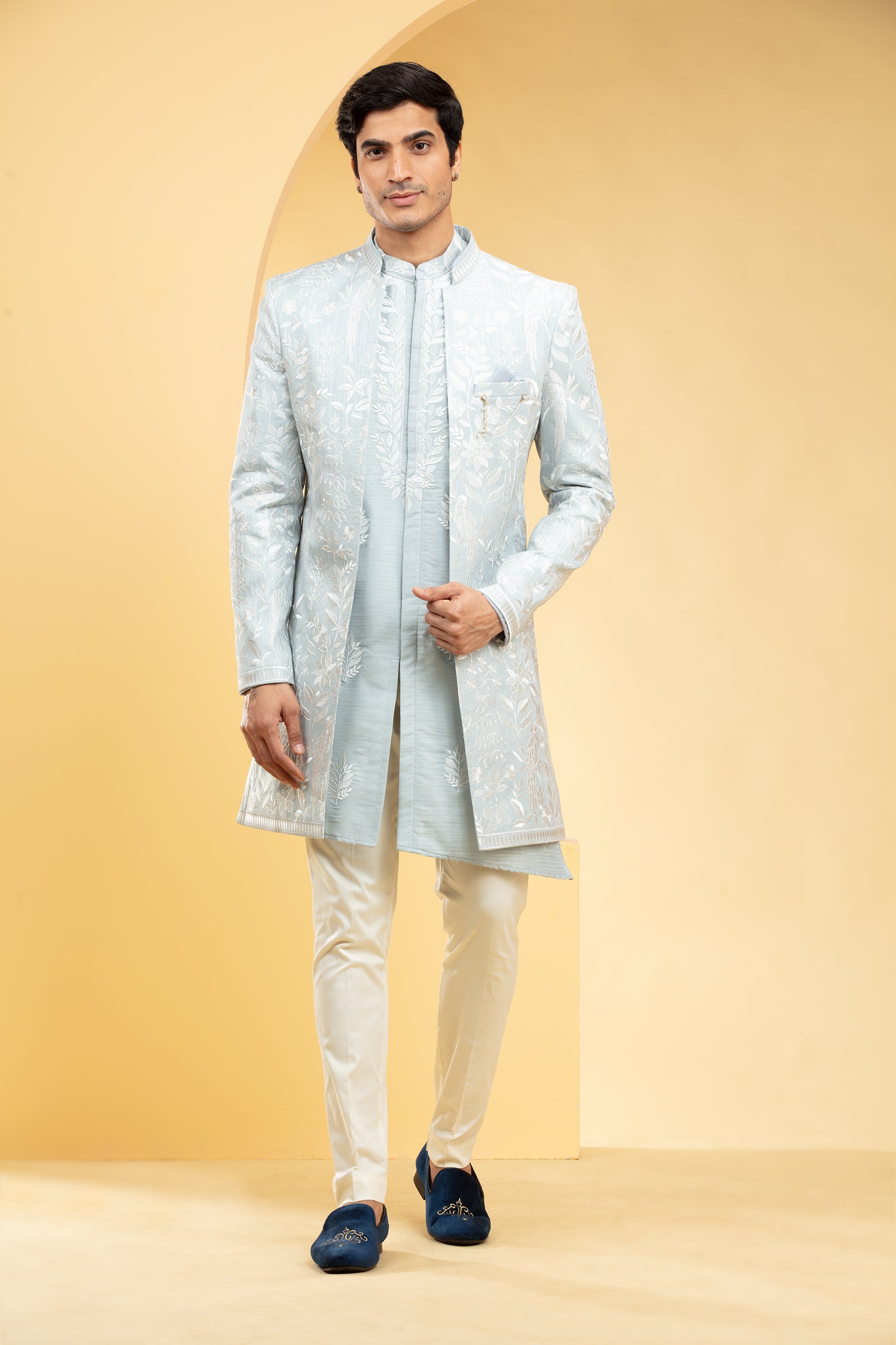 Powder Blue Open Indo Western with all over thread work