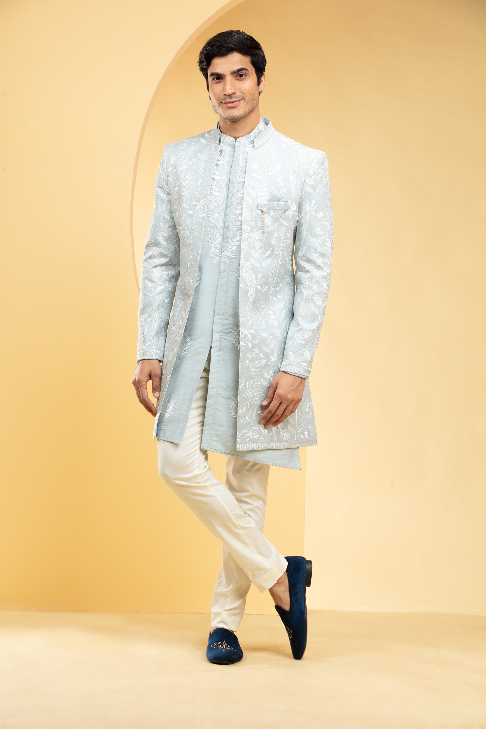 Powder Blue Open Indo Western with all over thread work