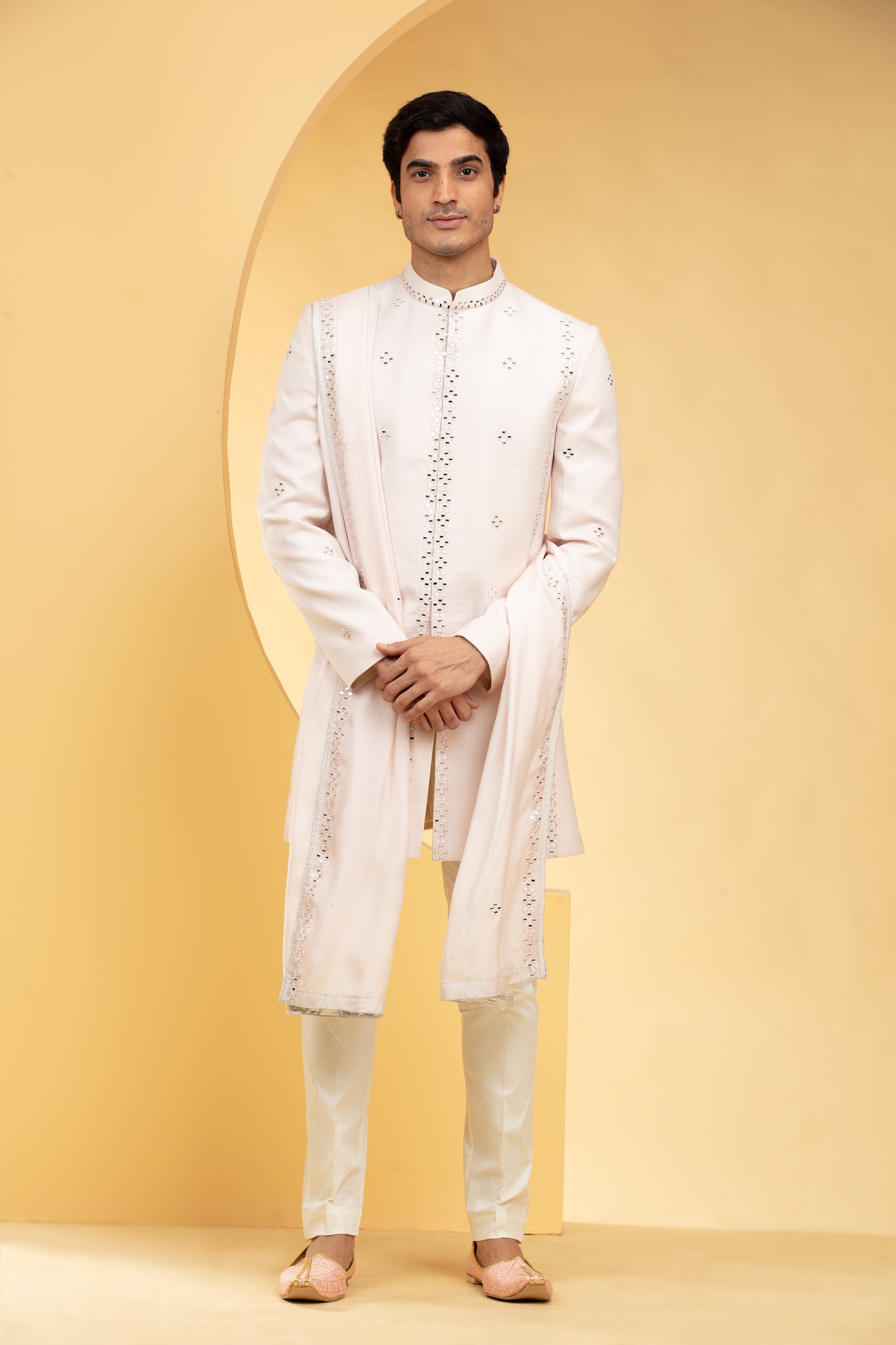 Cream White Jacket set and matching dupatta with mirror work