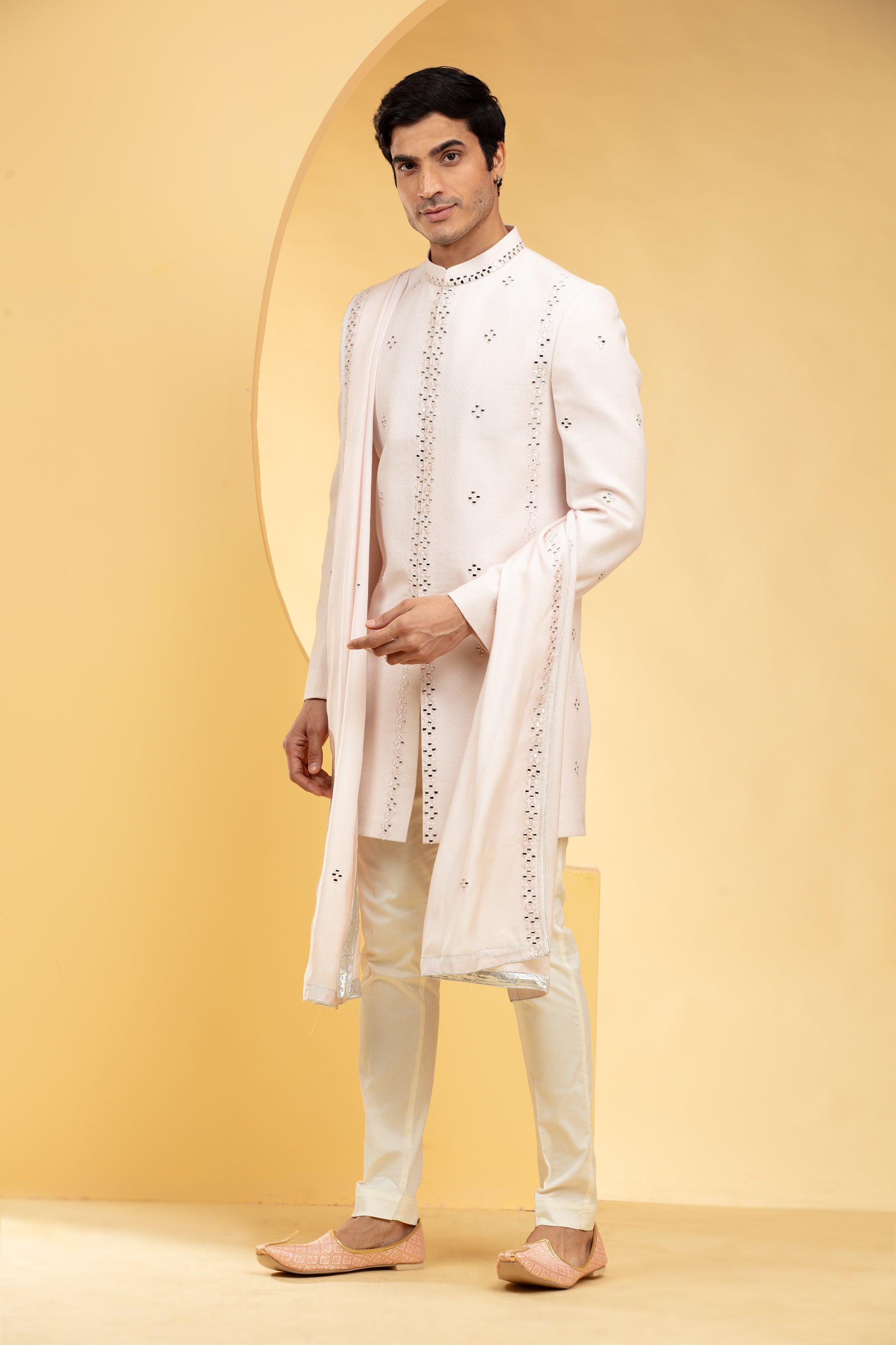 Cream White Jacket set and matching dupatta with mirror work