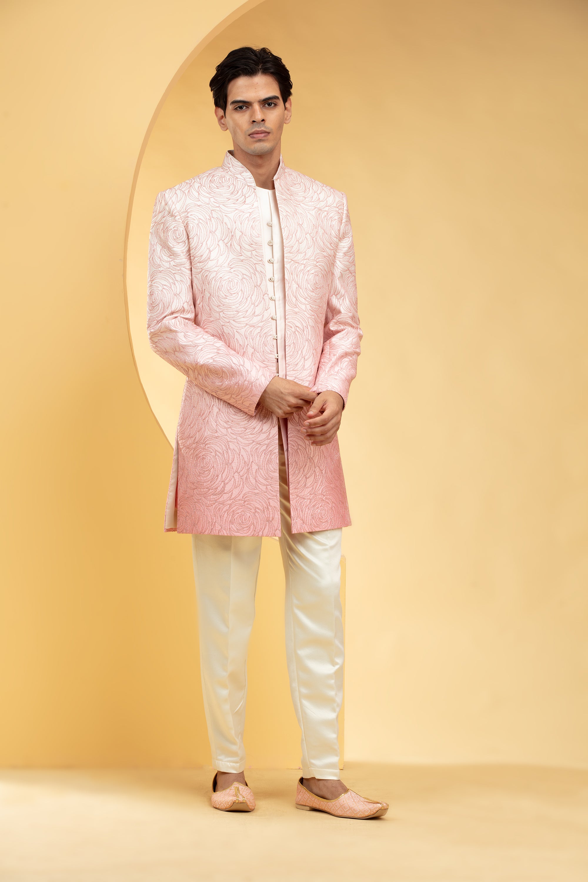 Rose Pink Ombre open Indo Western set with all over thread work