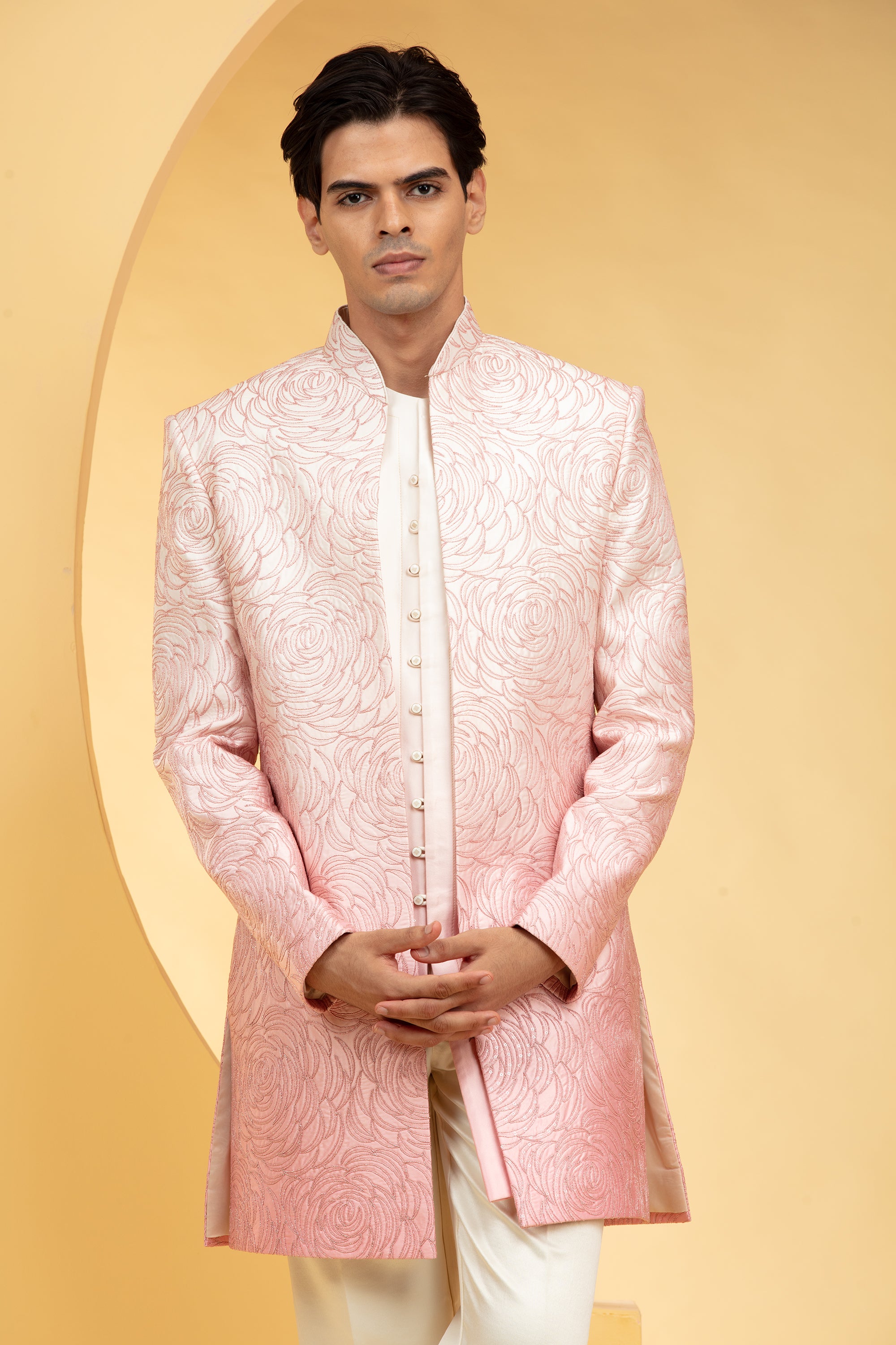Rose Pink Ombre open Indo Western set with all over thread work