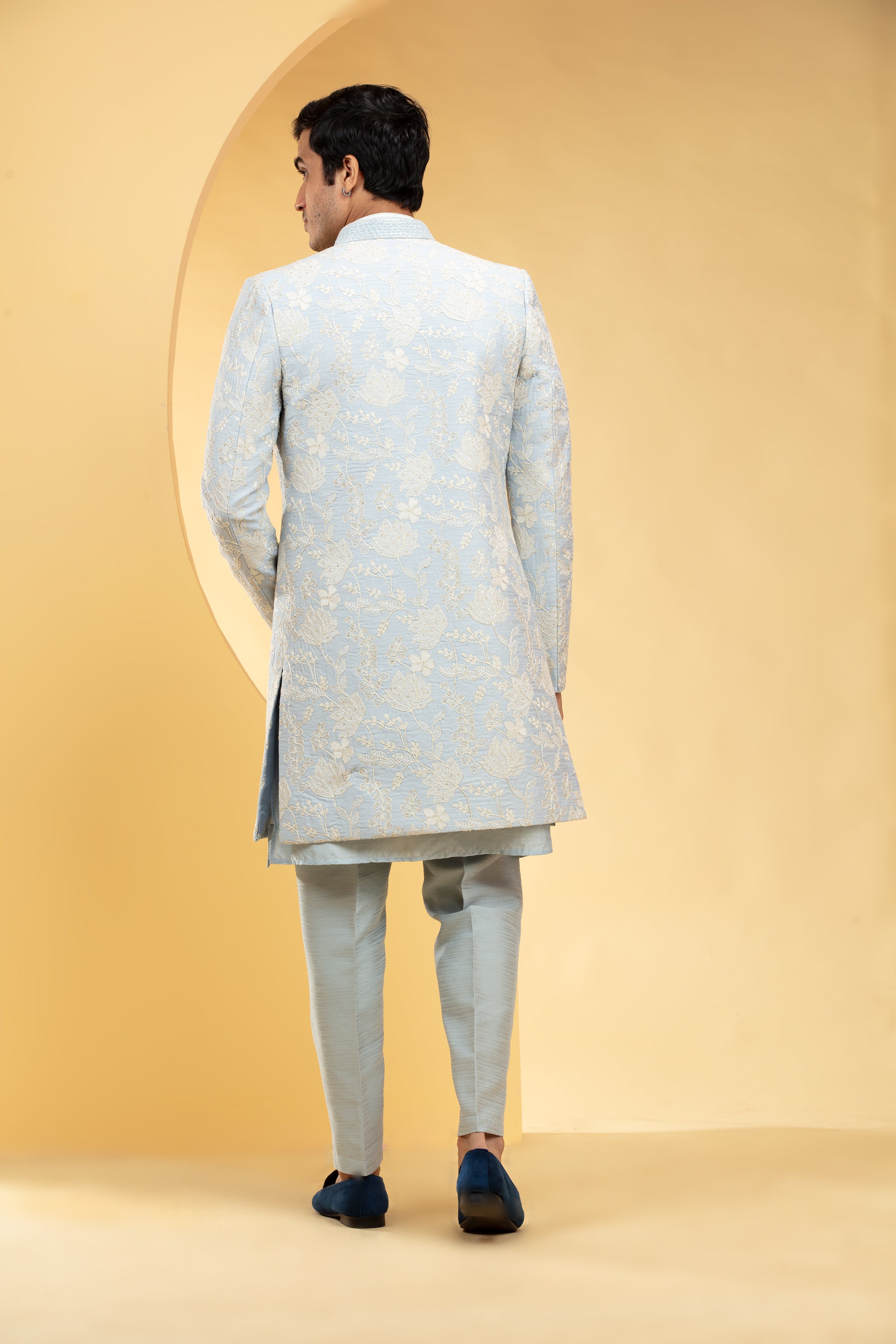 Pastel Blue Ombre open Indo Western set with all over thread work