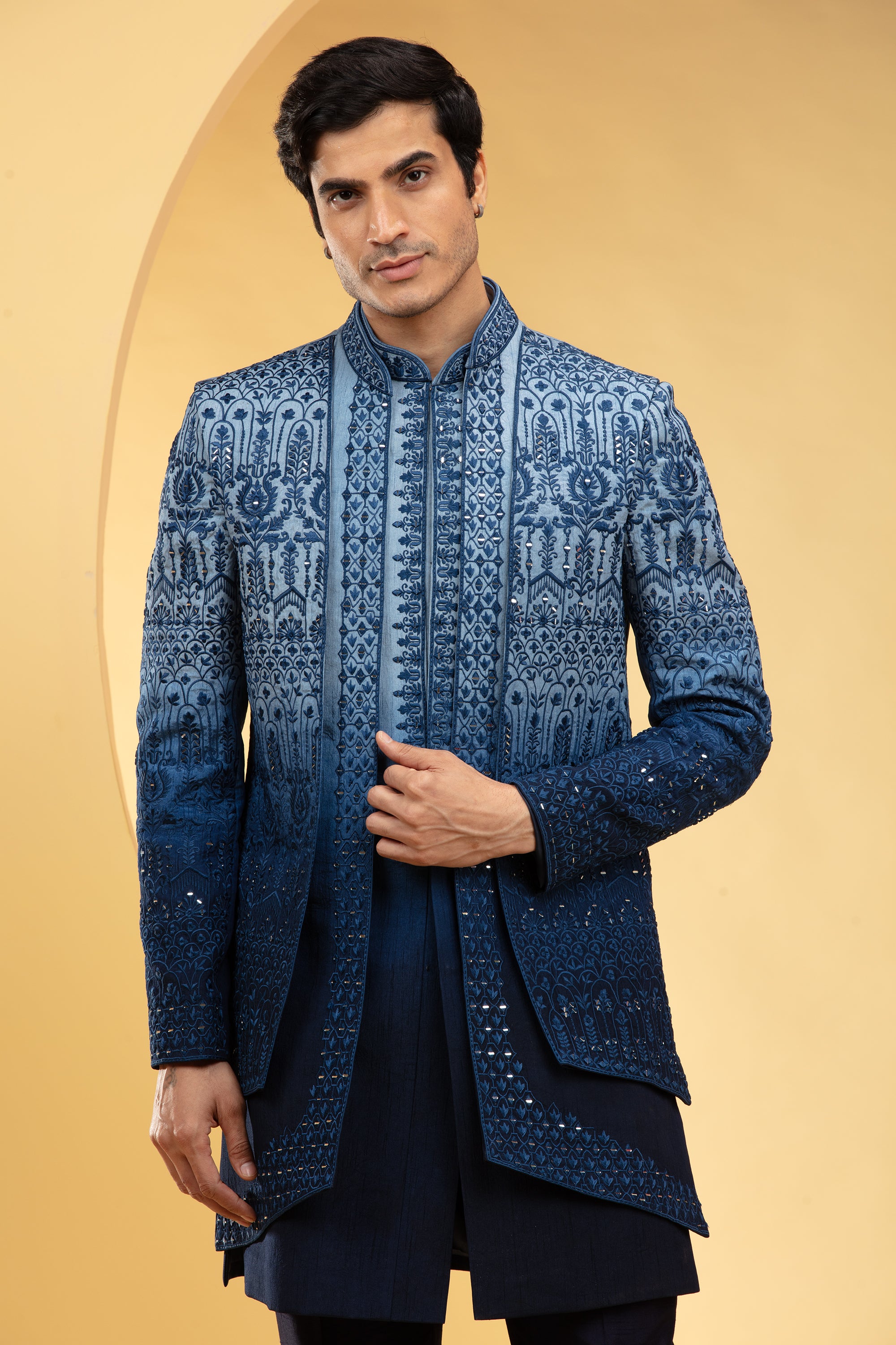 Prussian Blue ombre open indo western 3 layered set with sequin work