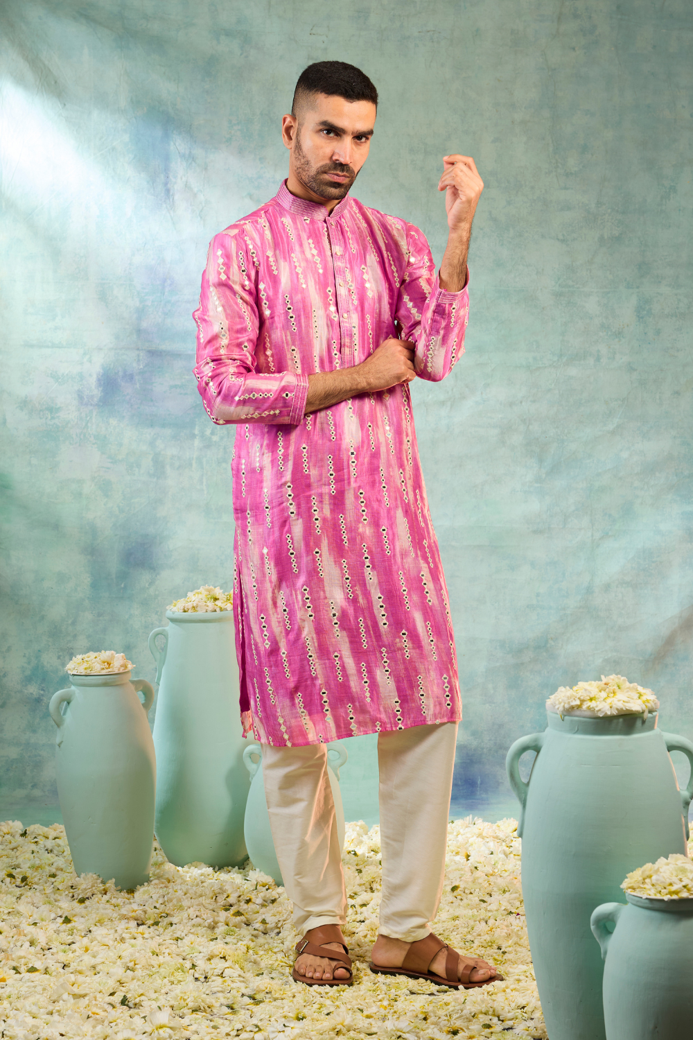 Pink silk kurta with thread and mirror work