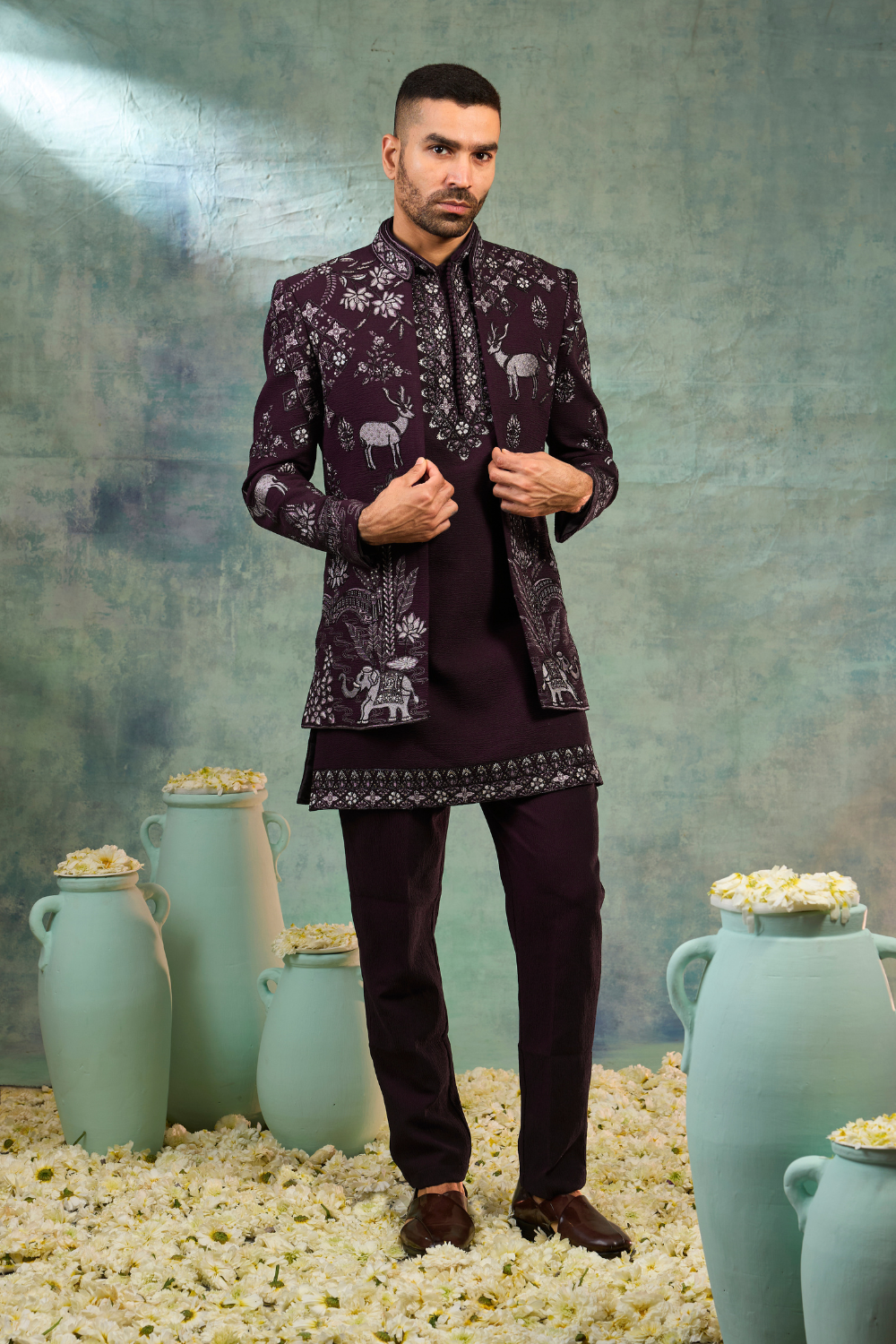 Wine silk Indo-Western with thread embroidery