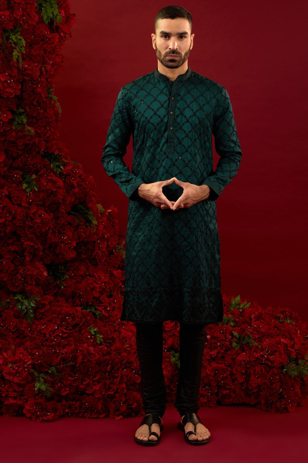 Dark green silk kurta with machine work