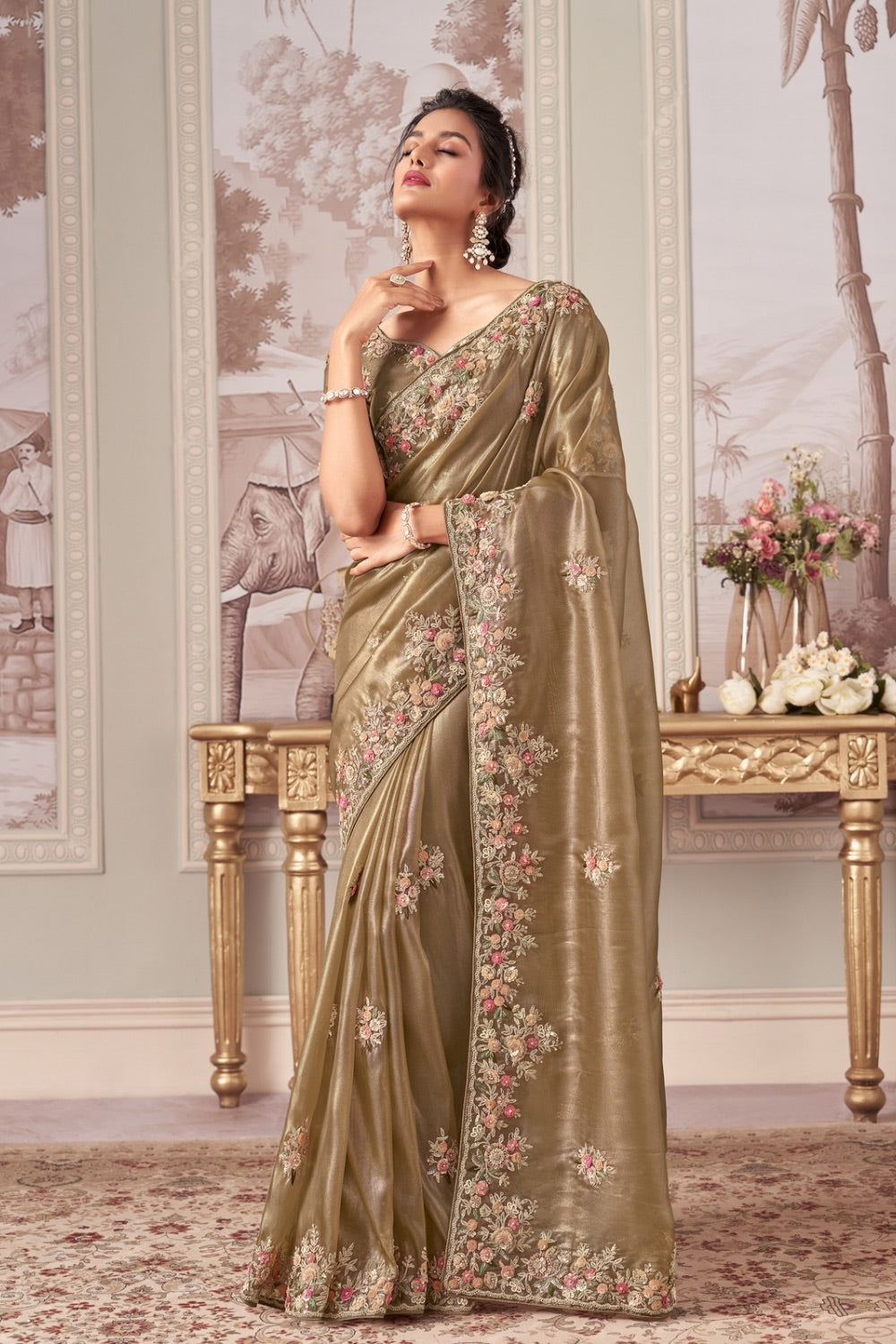 Deep champagne soft silk saree with matching unstitched blouse