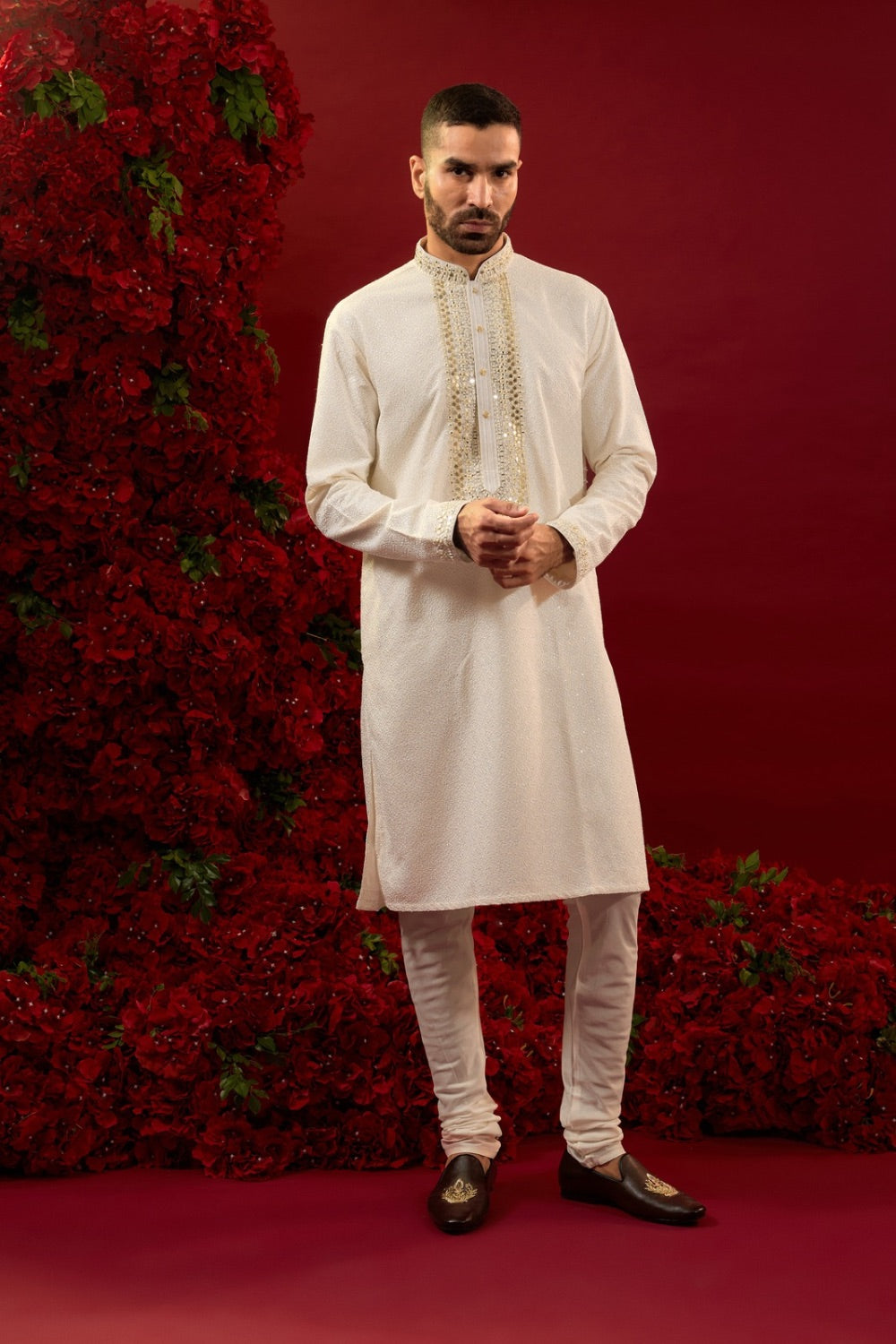 Cream silk kurta and pajama with hand and machine work