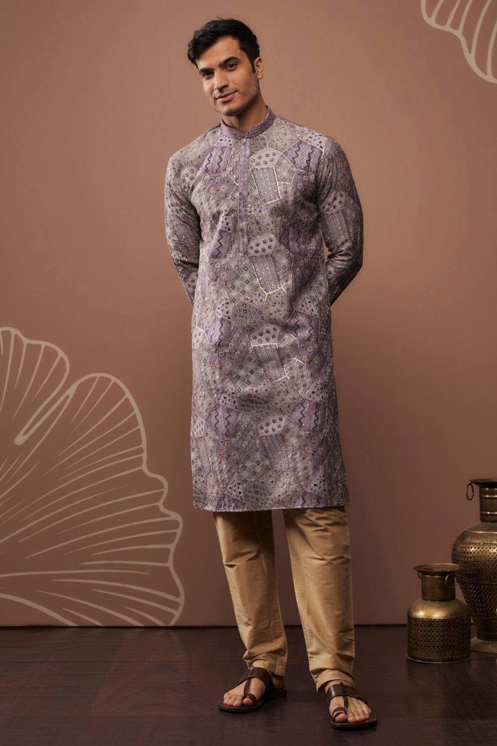 Silver silk kurta set with hand and machine work