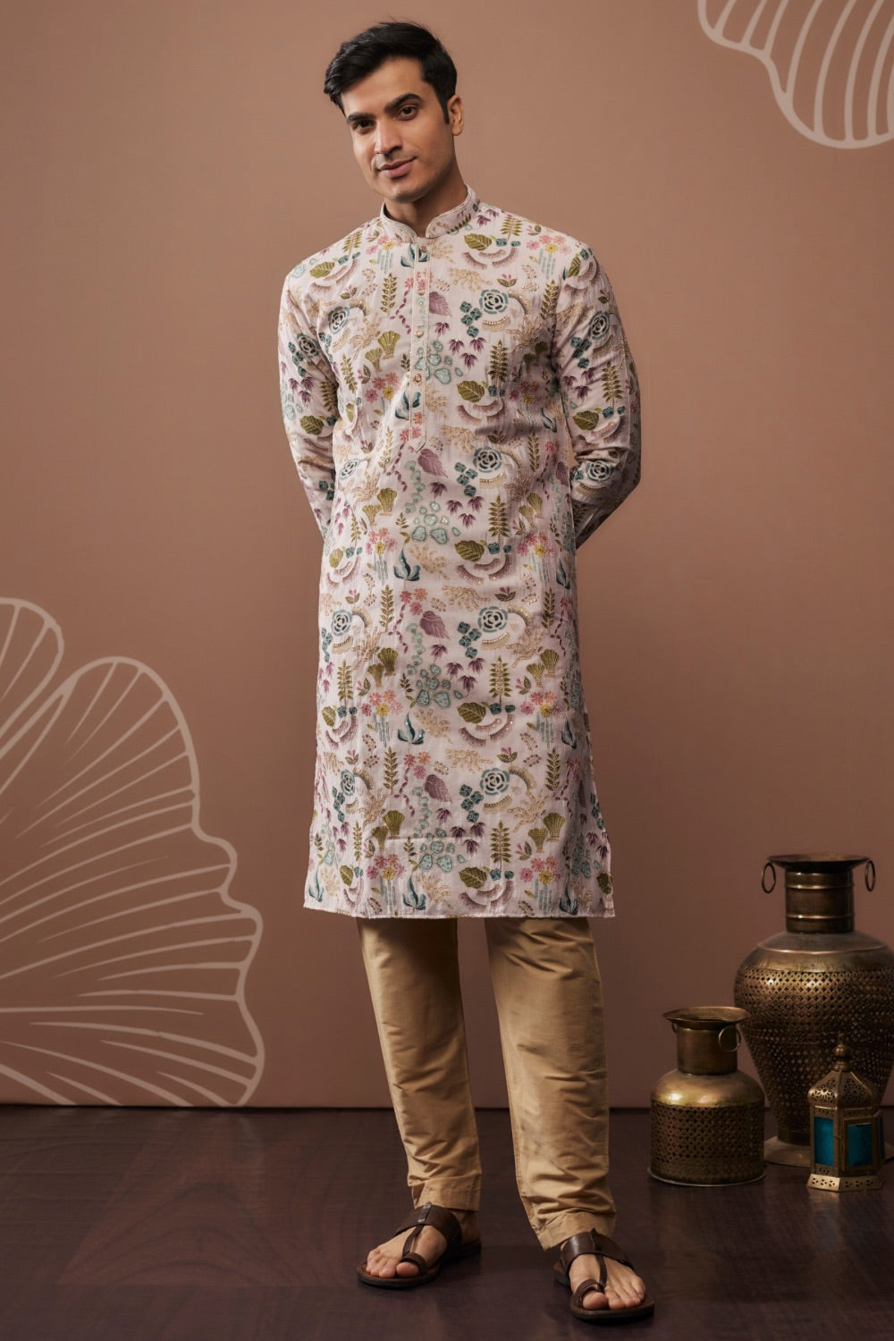 Multicolour silk kurta with hand and machine work