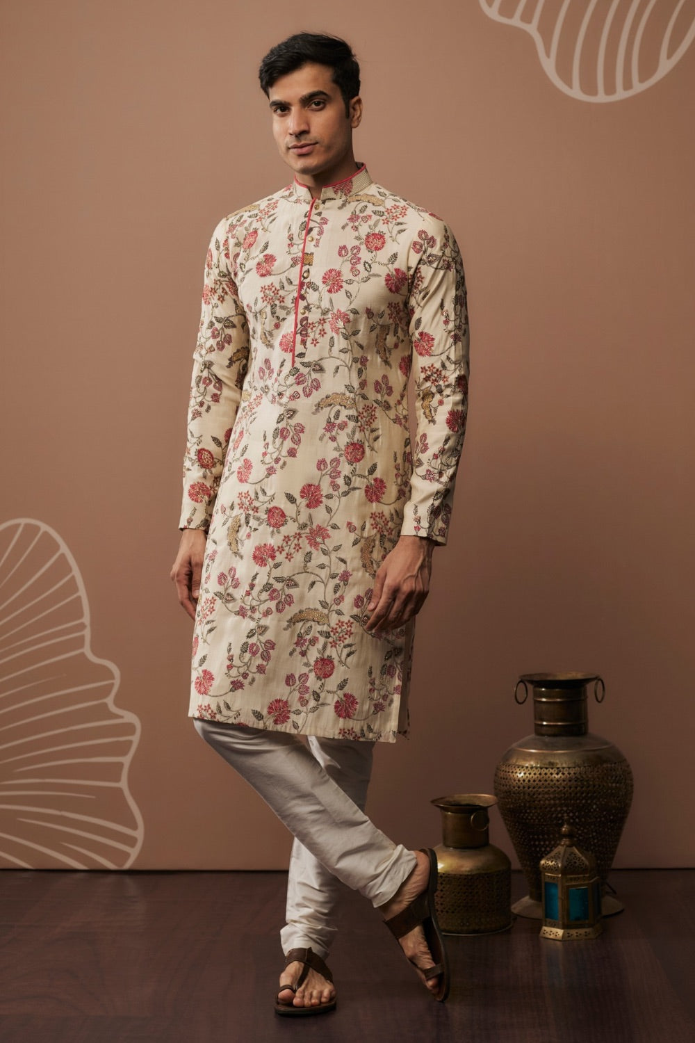 Beige silk kurta set with hand and machine work