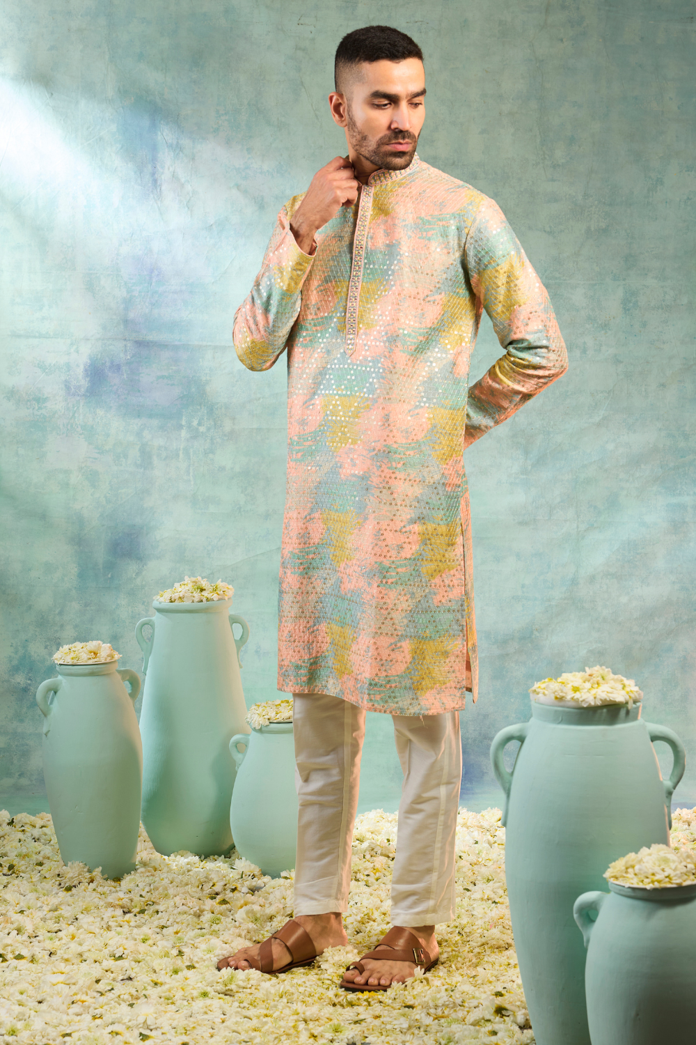 Sea blue silk kurta set with thread and sequence work