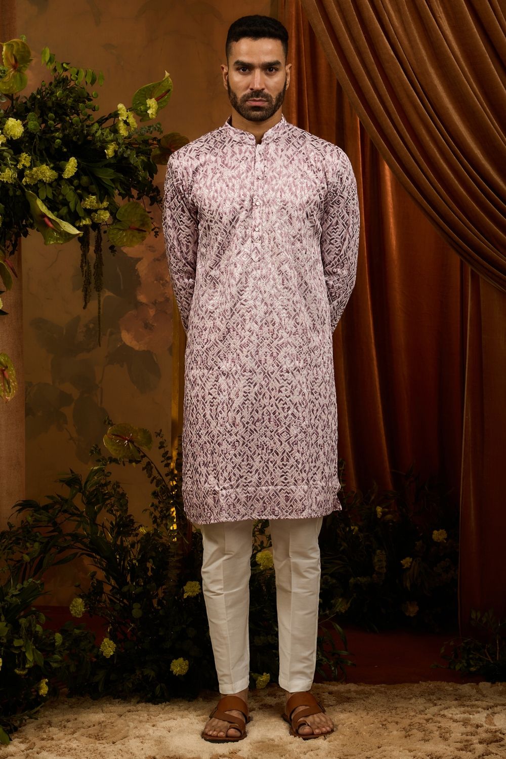 Ivory silk kurta pajama set with onion colour thread, sequin and embroidery work