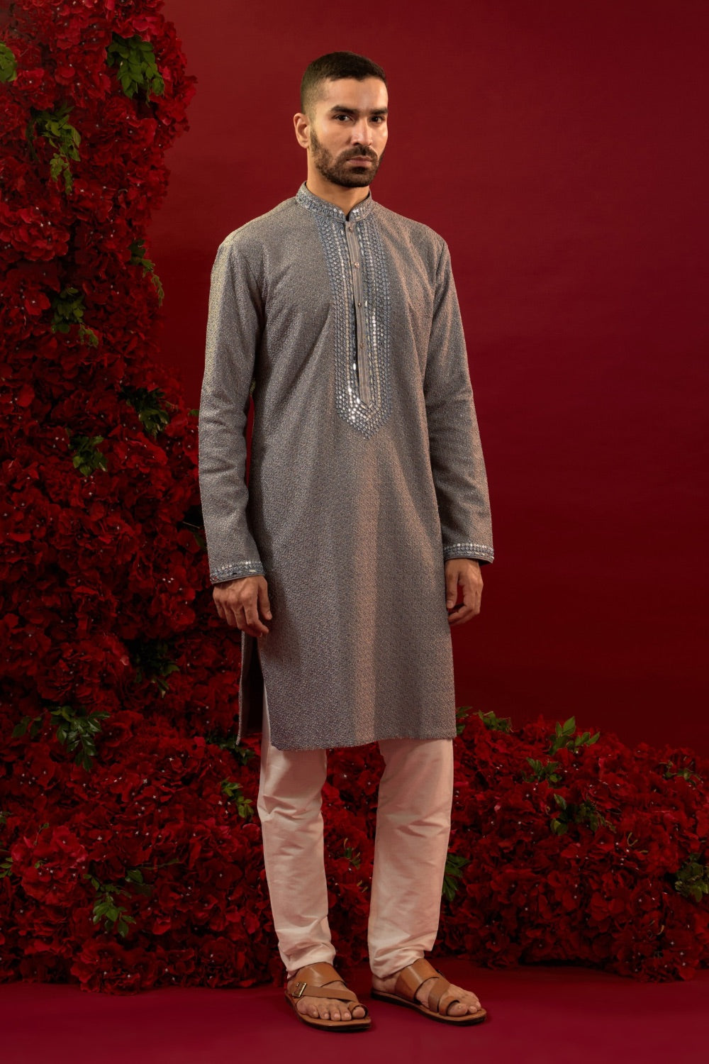 Grey silk kurta & pajama with hand and machine work