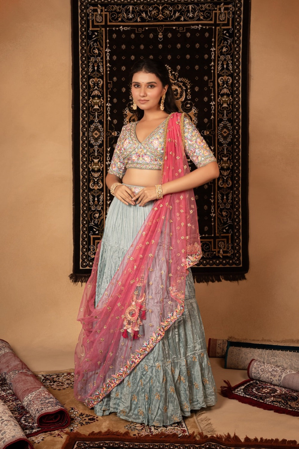 Light blue georgette lehenga choli with resham and zardozi work