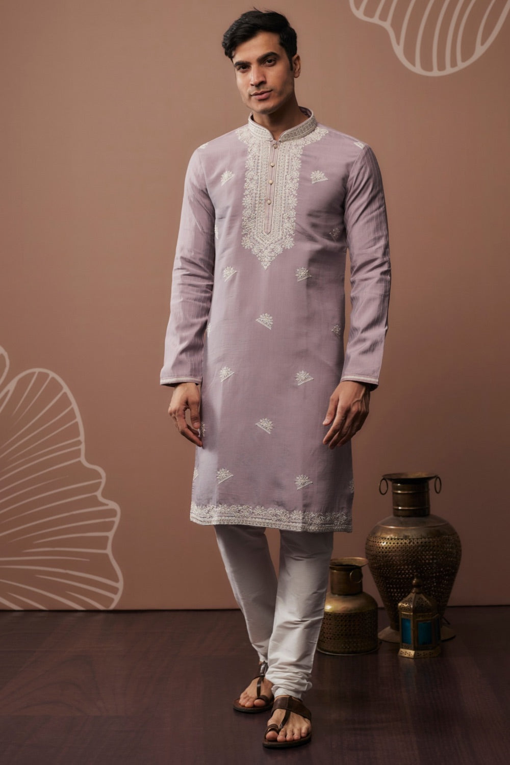 Lilac silk kurta set with hand and mahcine work