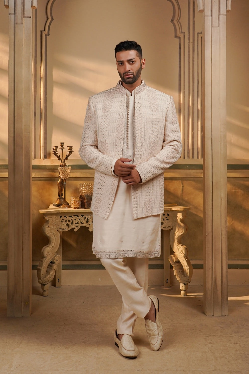 Rose gold white silk open jacket kurta set