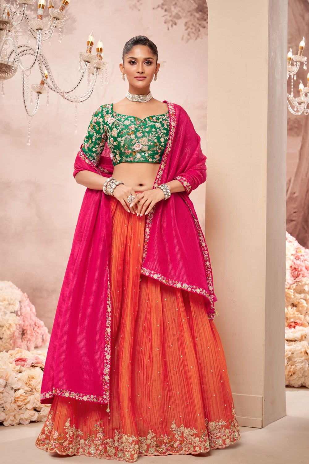 Tricolour crush tissue lehenga choli with machine work