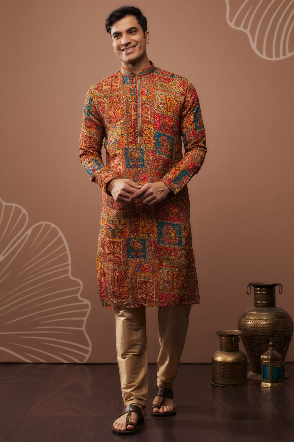 Orange silk kurta & pajama with colourful hand & machine work