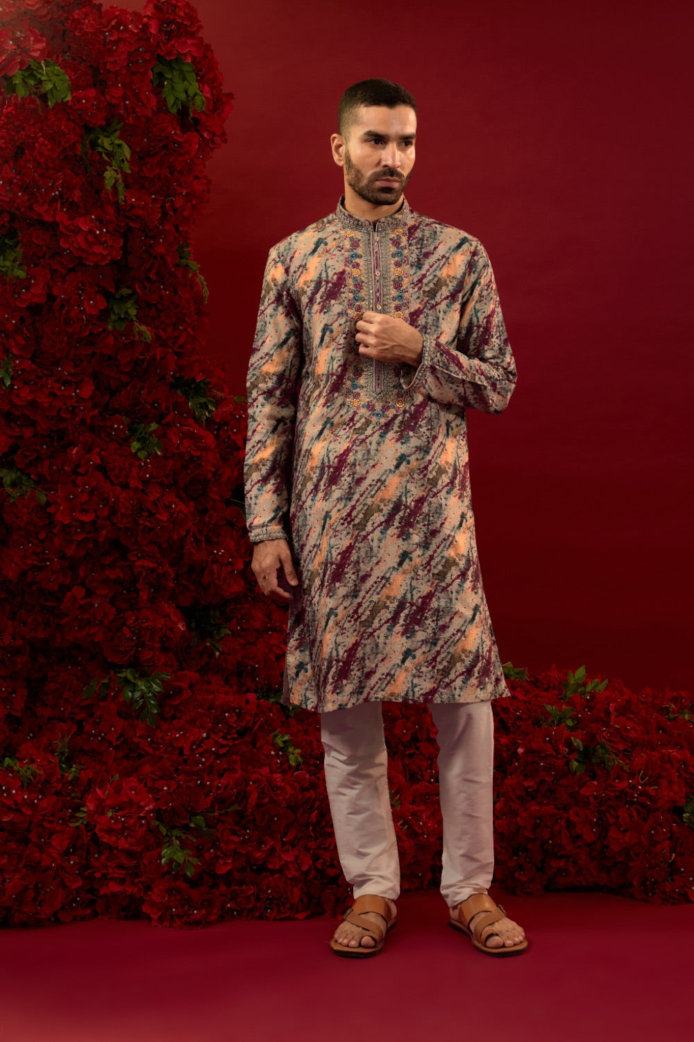 Multicolour silk kurta with machine work