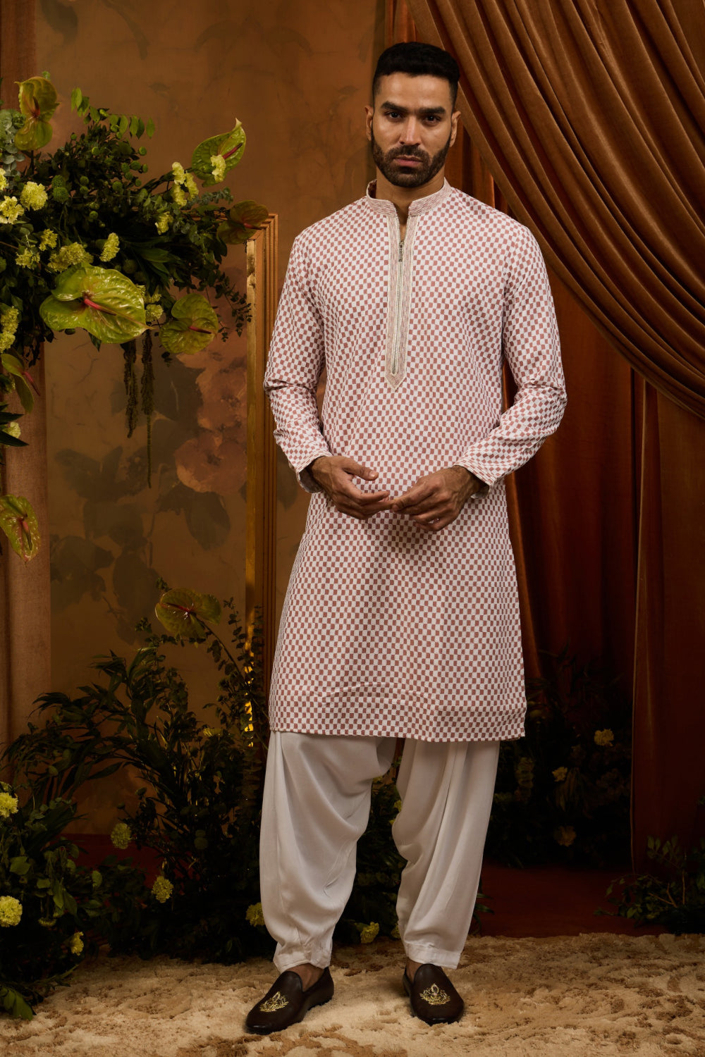 White silk kurta pajama with peach checkered pattern