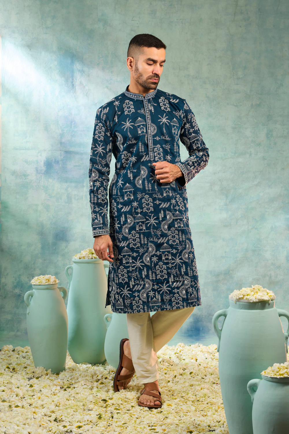 Dark blue kurta set with white contrast thread work