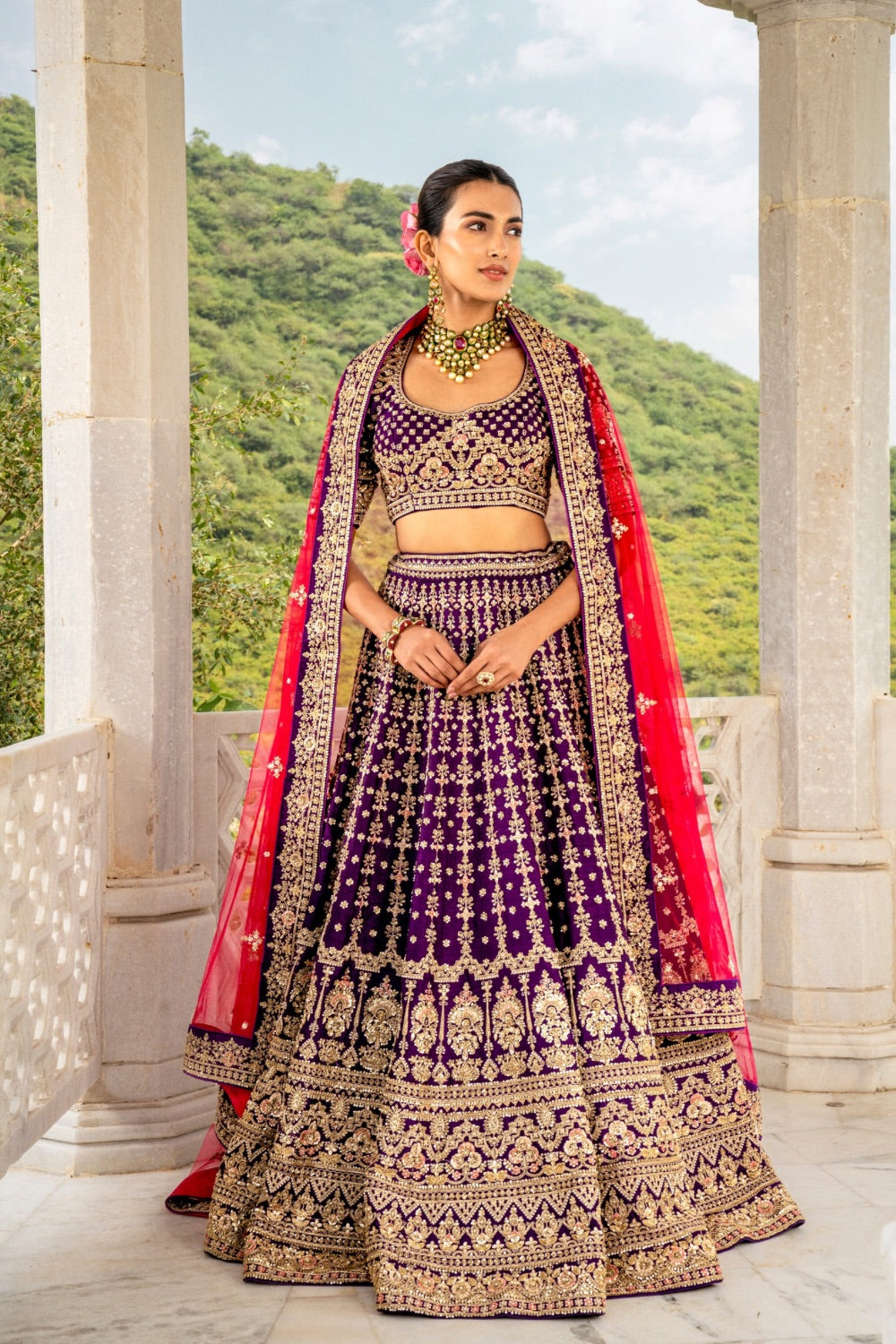 Purple raw silk lehenga choli with zardozi and hand cut dana work