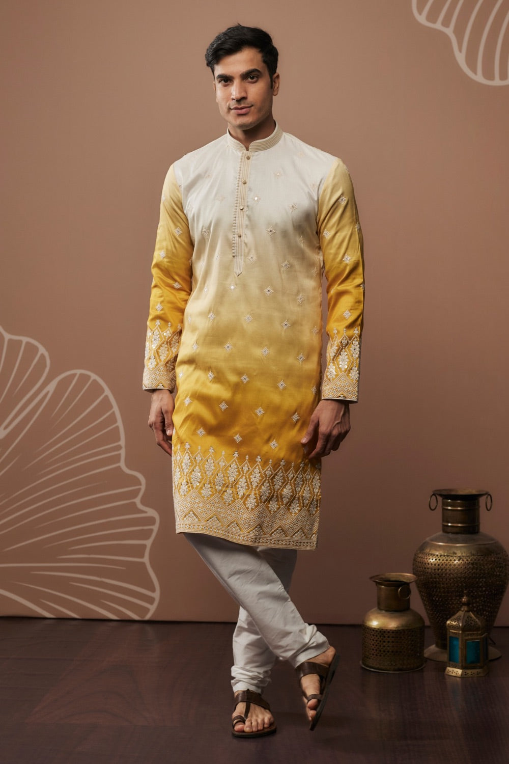 Yellow silk kurta & pajama with hand and machine work