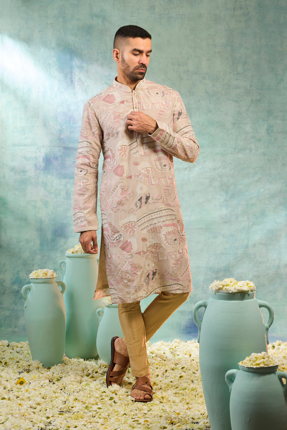 Beige silk kurta set with thread and sequins work