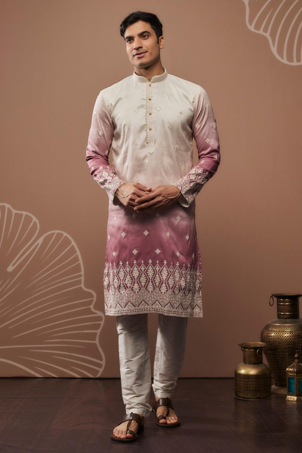 White-lilac ombre embroidered silk kurta set