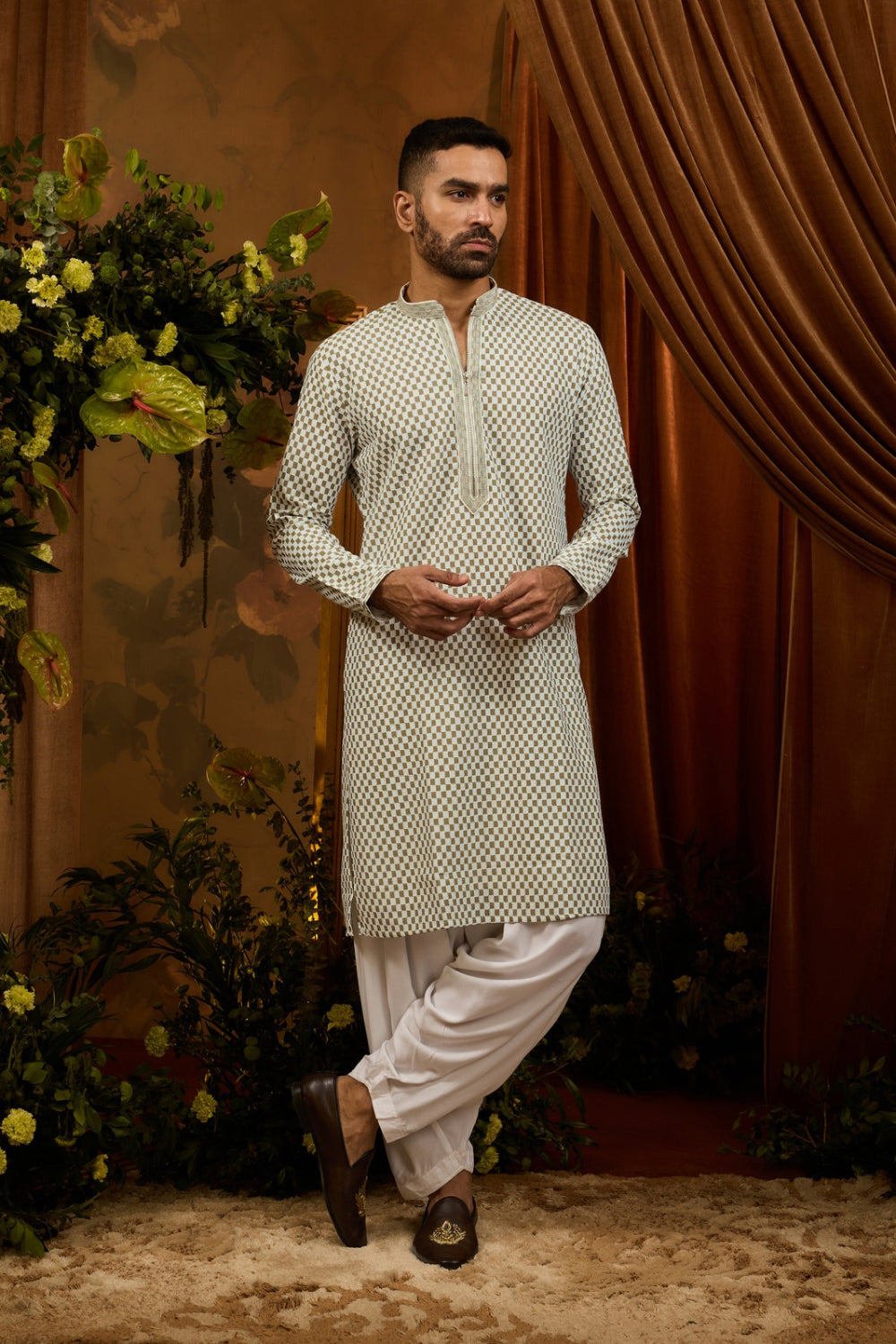 White silk kurta pajama with green checkered pattern