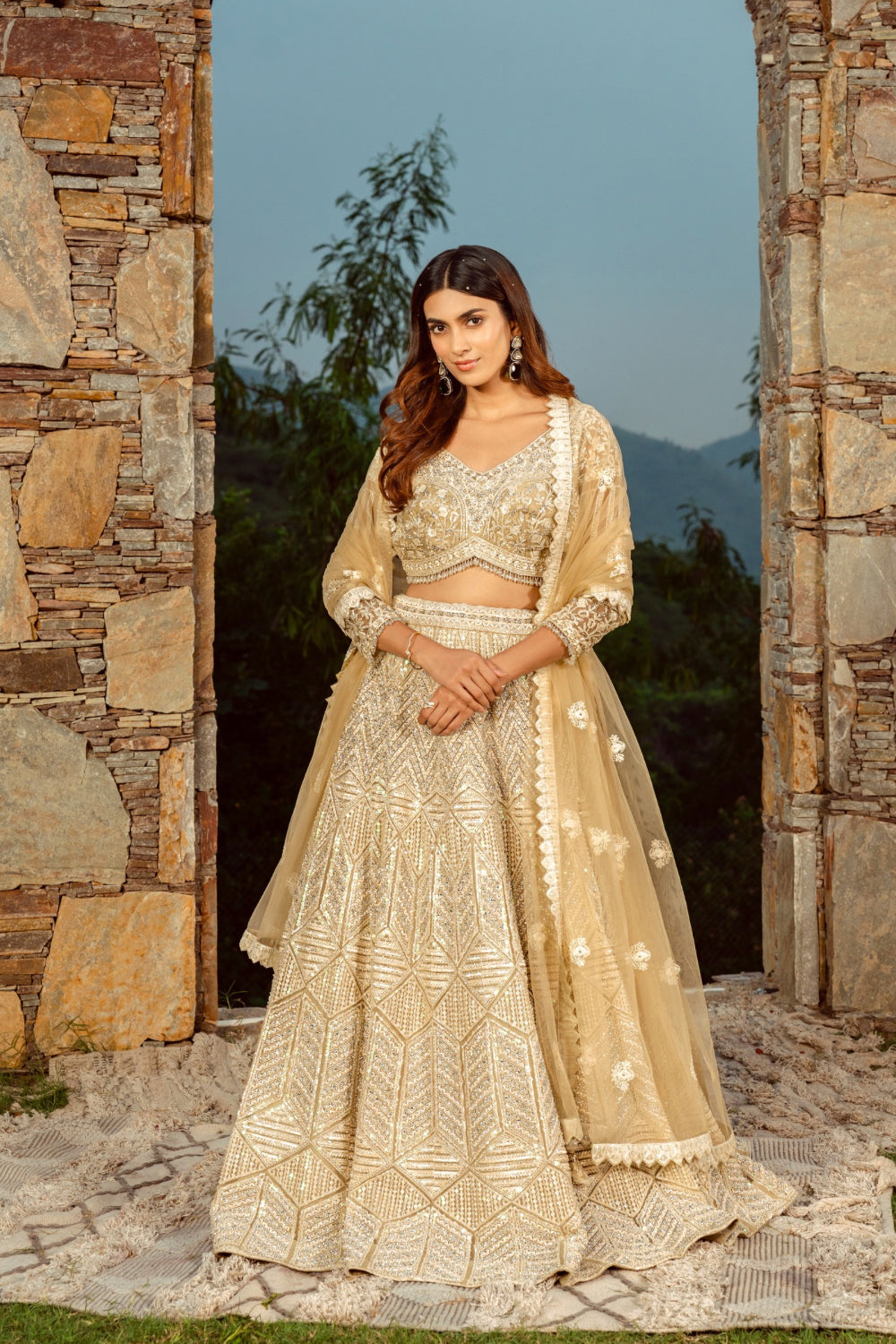 Golden net lehenga with sequins and hand cut dana work