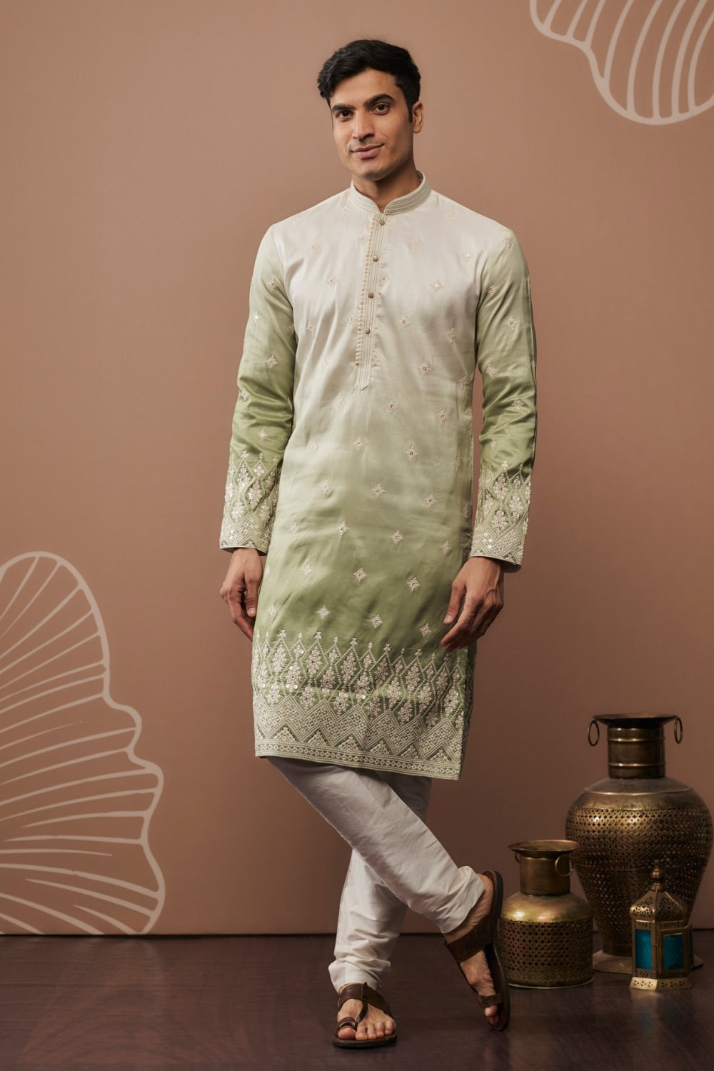 Green shaded silk kurta and pajama with hand and machine work