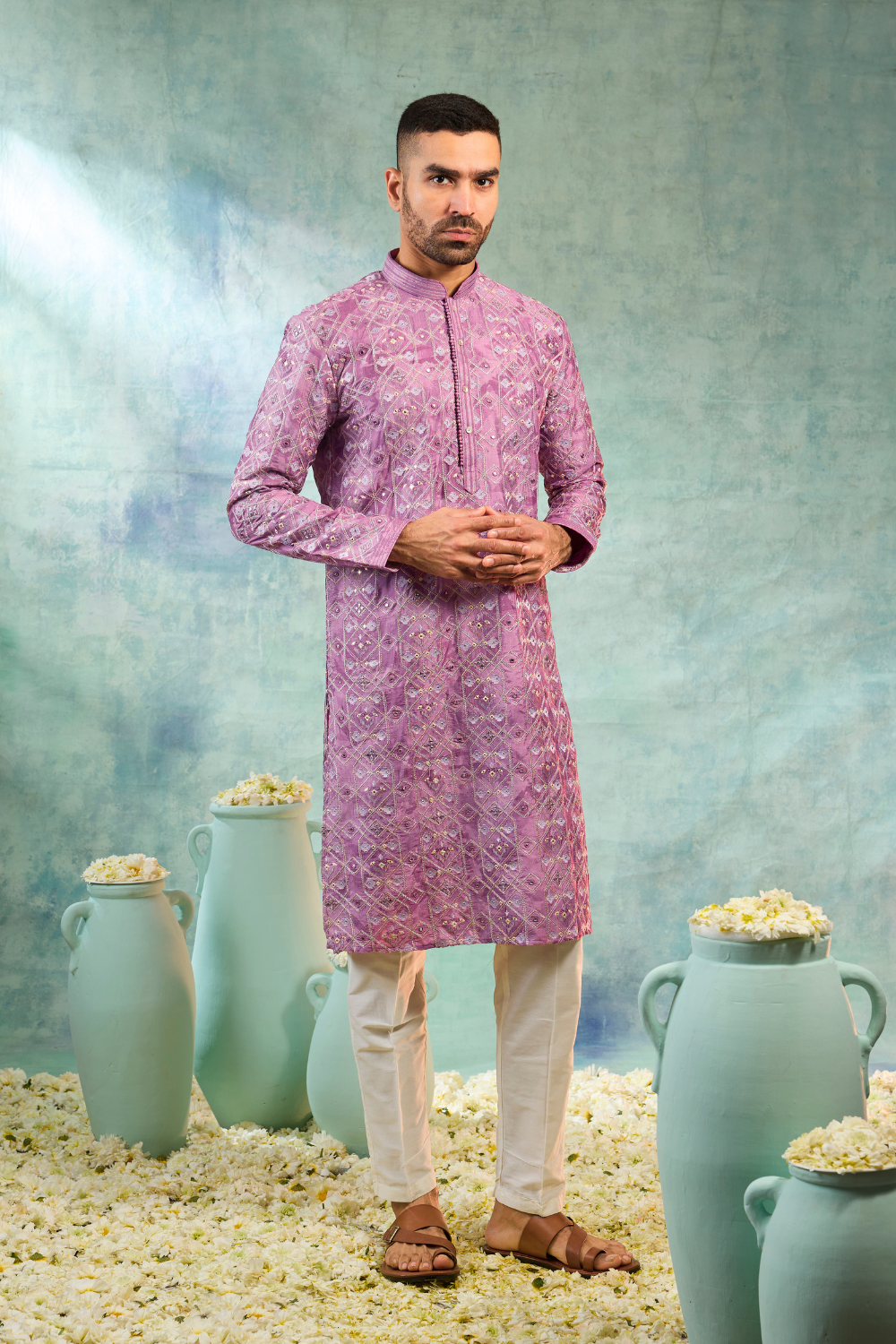 Deep pink kurta with golden thread and mirror work with pyjamas