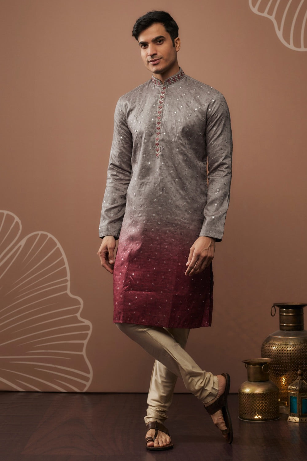 Silver and wine shaded silk kurta & pajama with hand & machine work