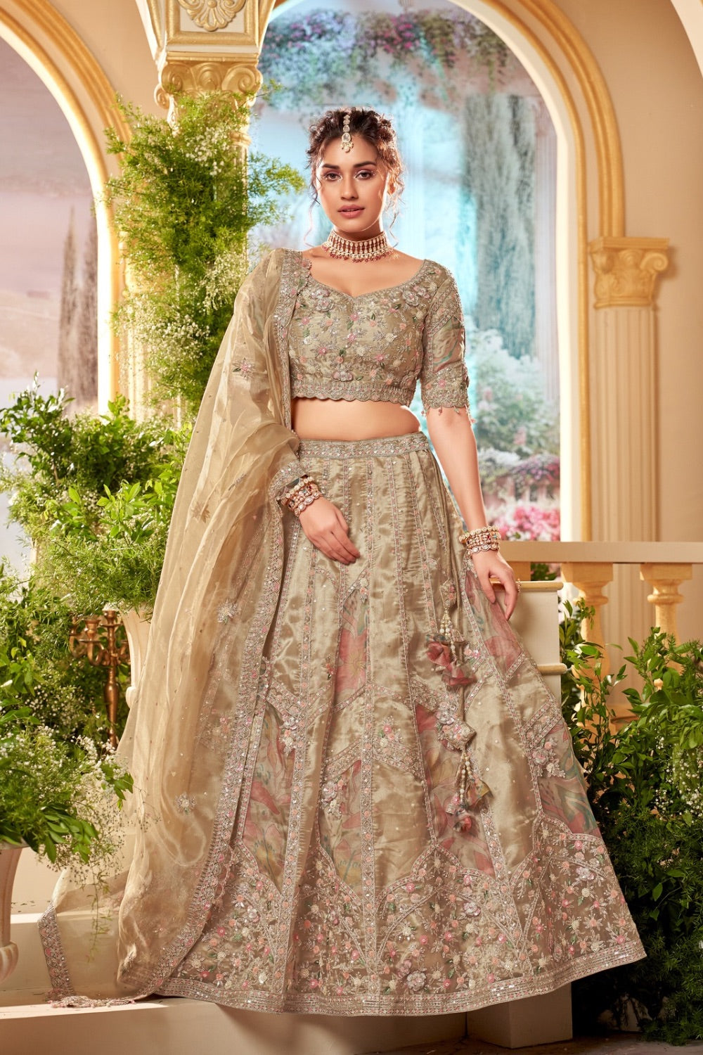 Champagne tissue silk lehenga choli with machine work