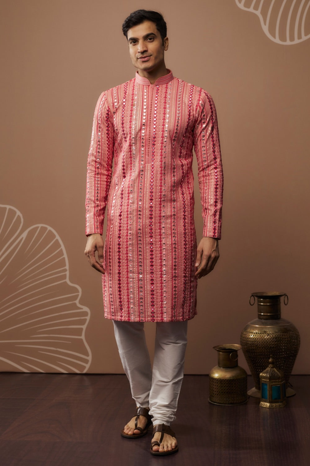 Pink striped silk kurta set with mirror work