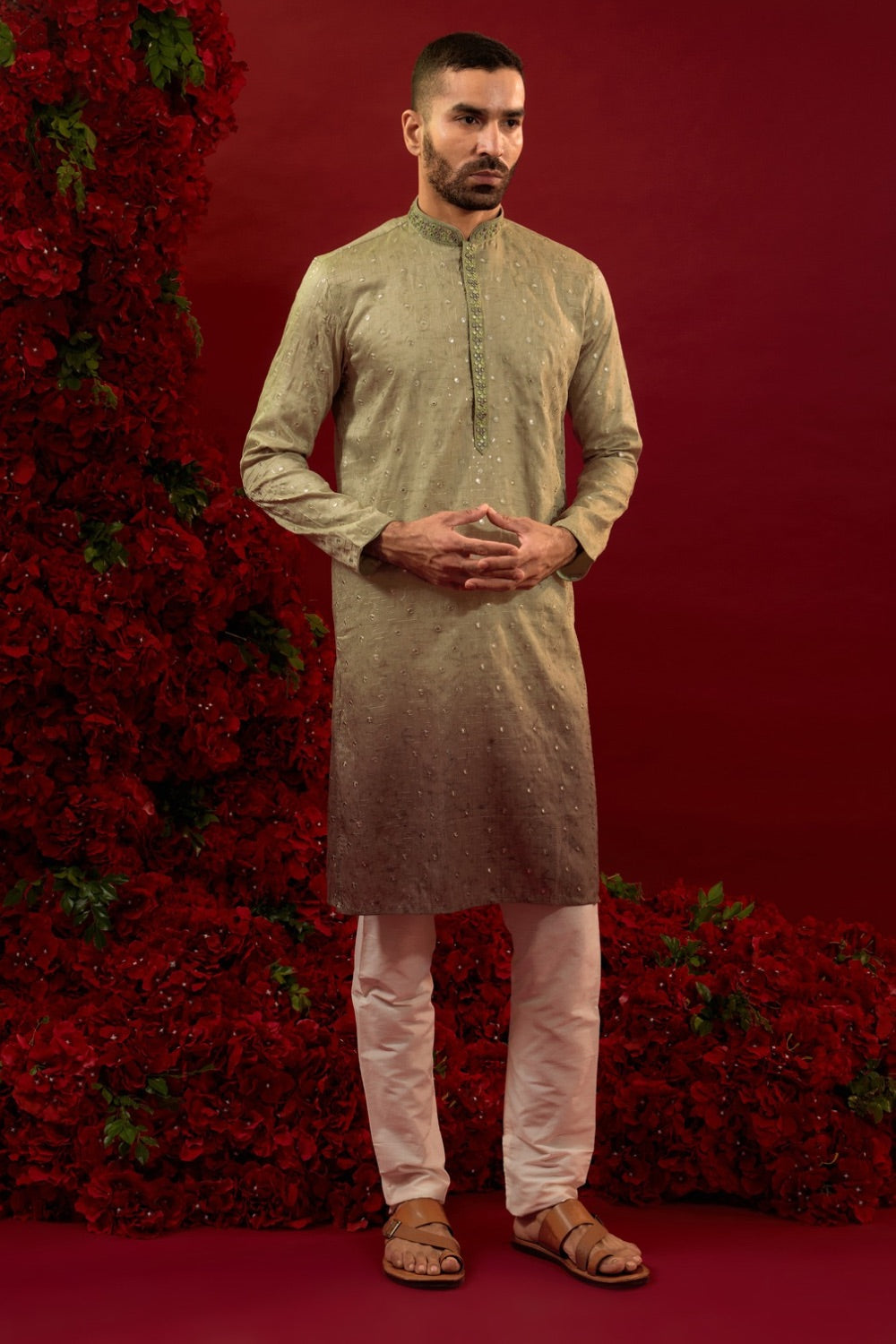 Brown ombre silk kurta set with hand and machine work