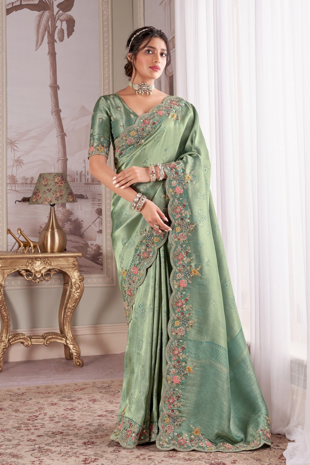 Soft sage green soft silk saree with matching unstitched blouse