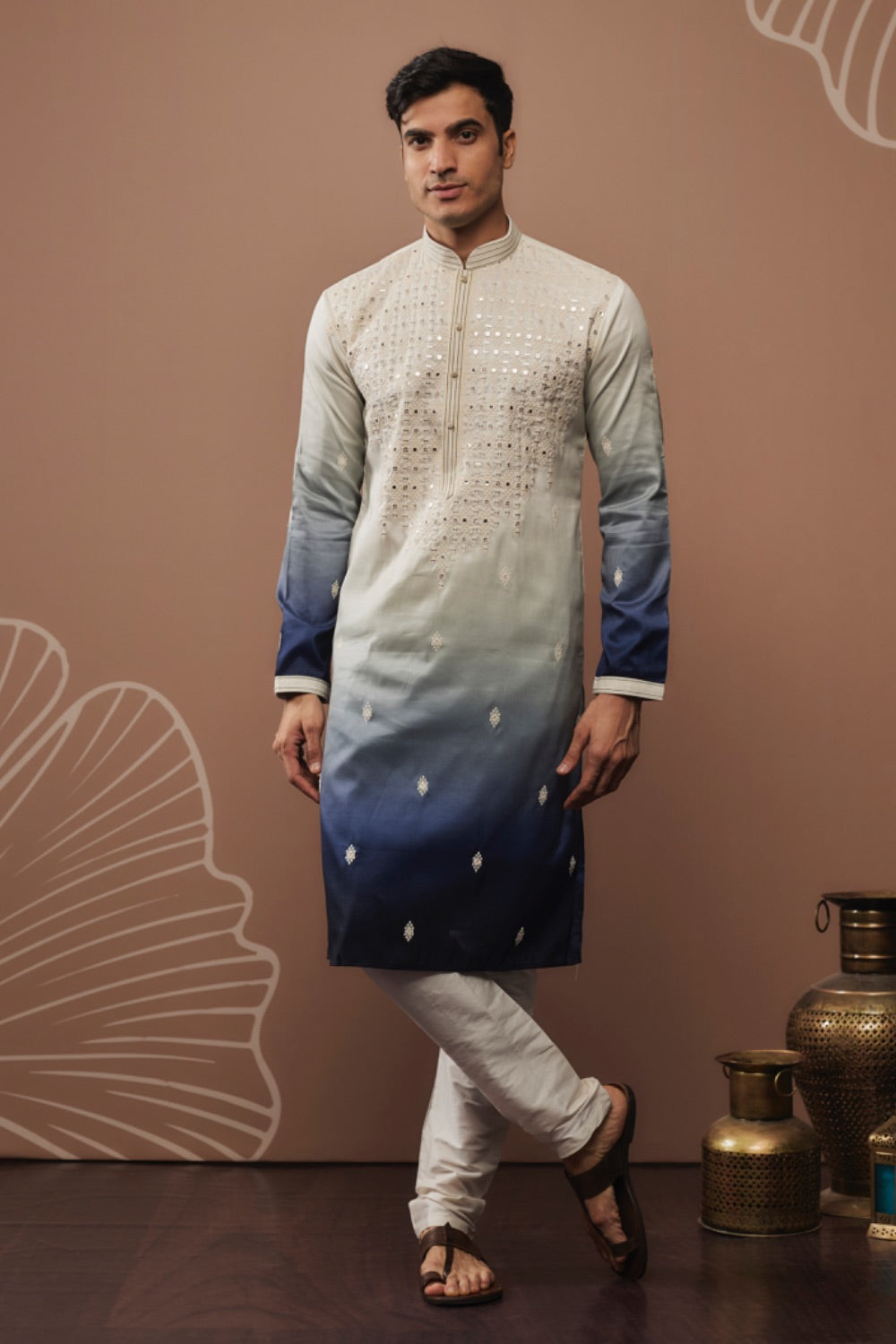 Navy blue shaded silk kurta and pajama with hand and machine work