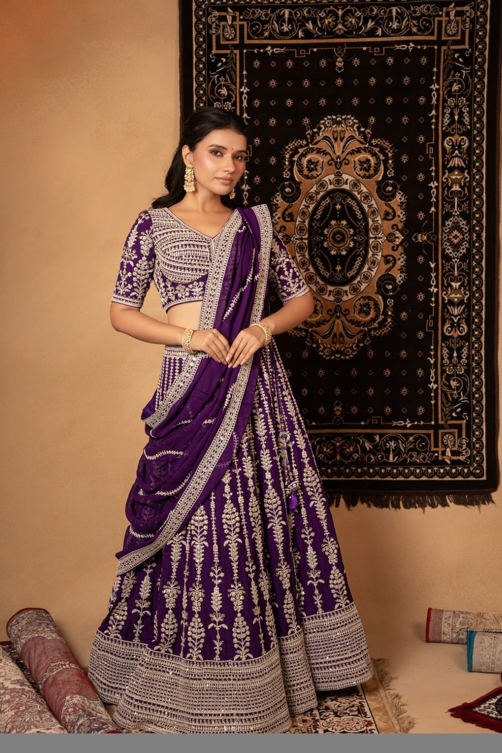 Purple georgette lehenga choli with marodi and sequins work