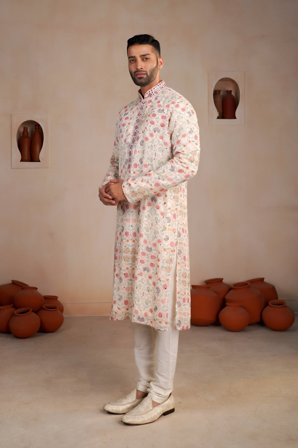 Printed off white lucknowi kurta Set