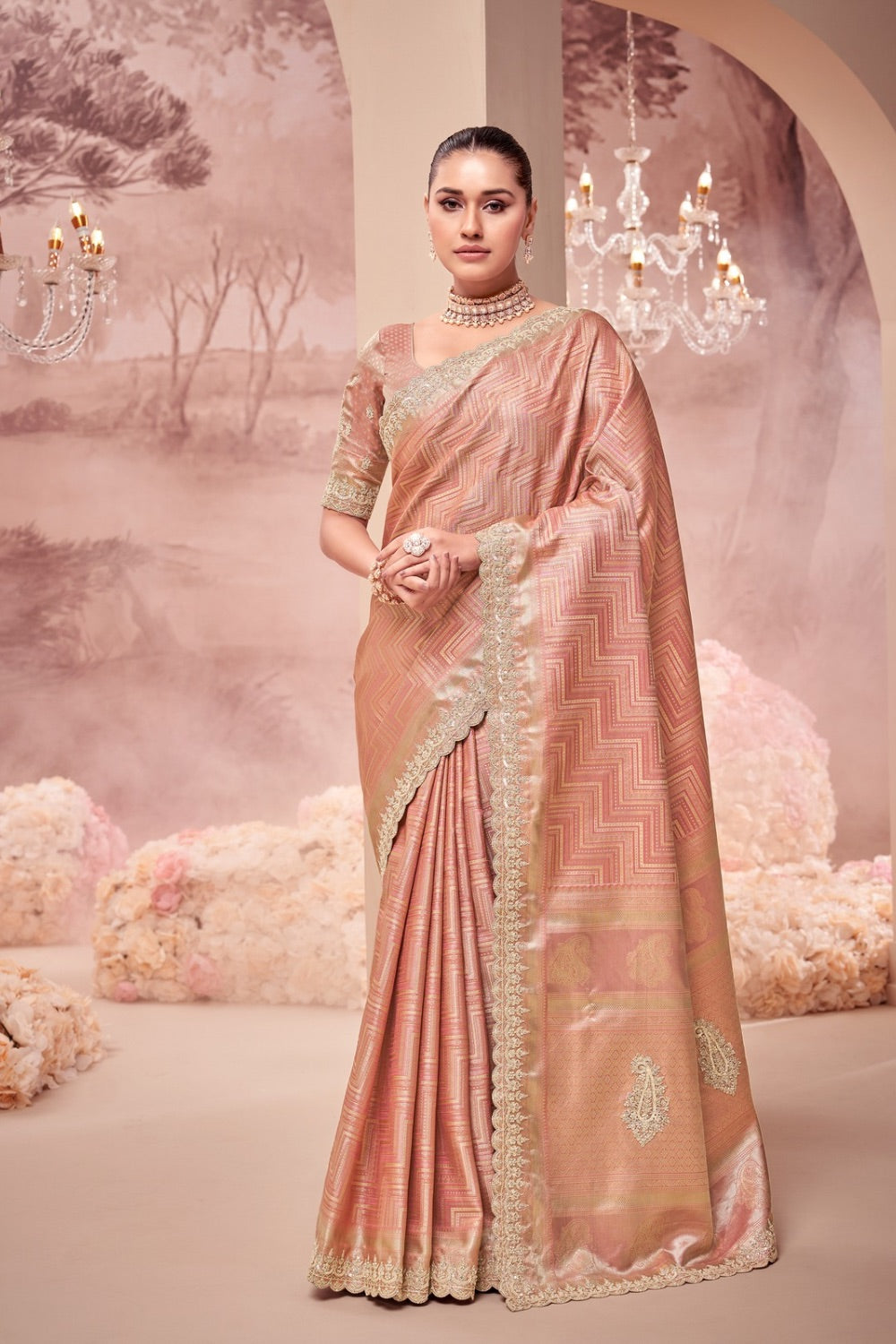 Peach soft silk saree with matching unstitched blouse