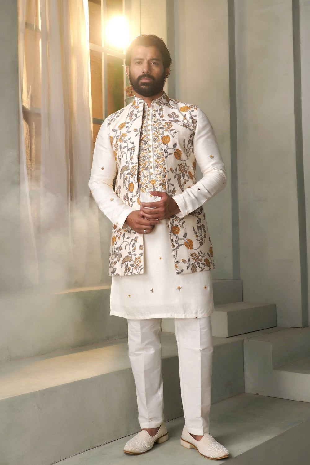 Cream white silk koti kurta set with floral print