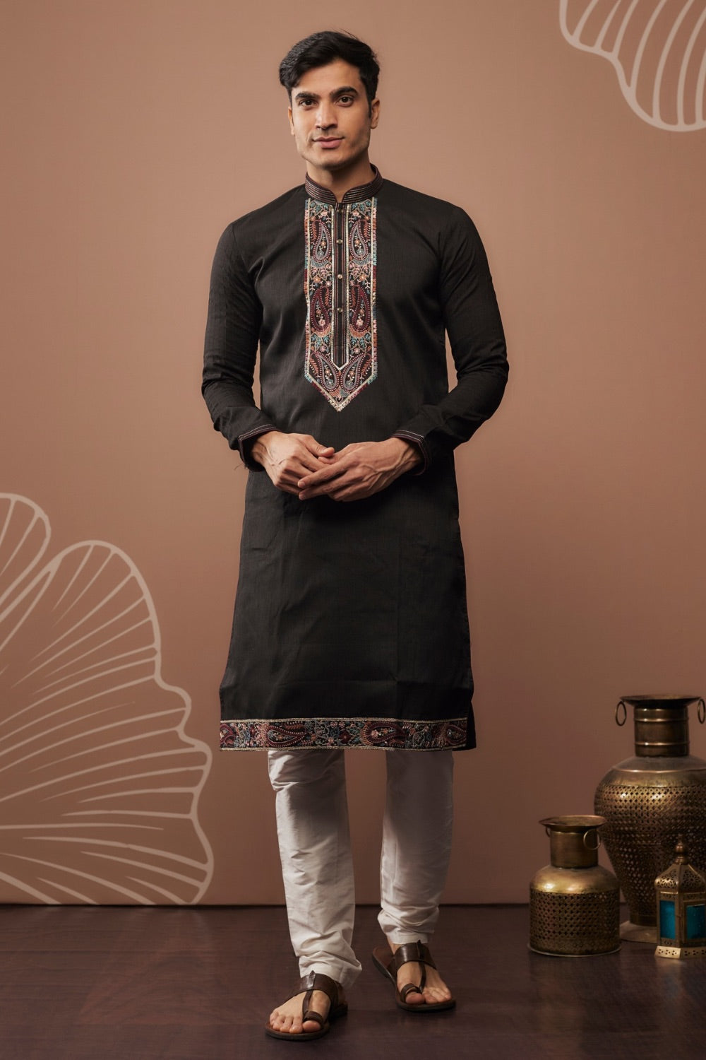 Black silk kurta pajama with hand and machine work