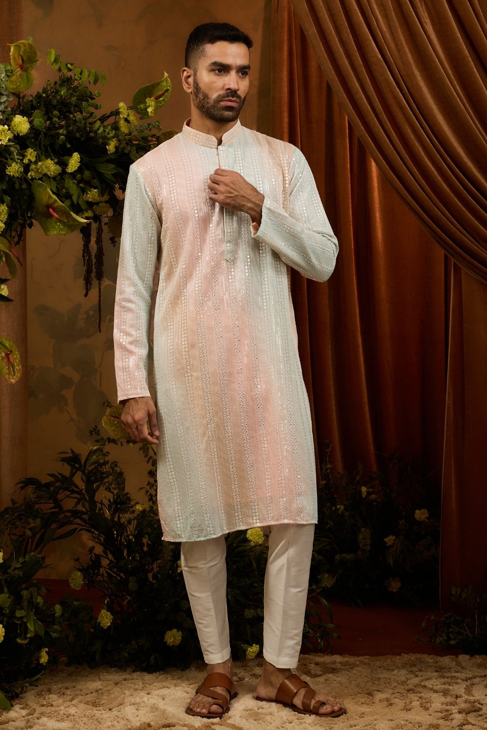 Pista silk kurta pajama set with white embroidery thread and sequin work