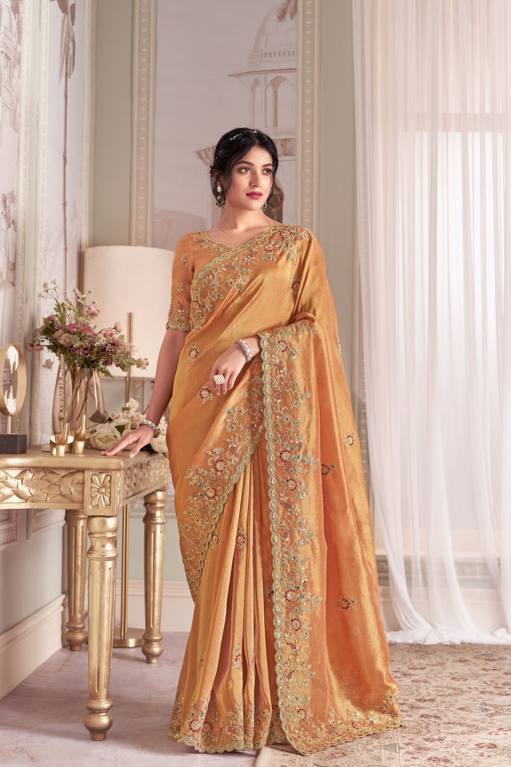 Mustard yellow banarasi silk saree with matching unstitched blouse