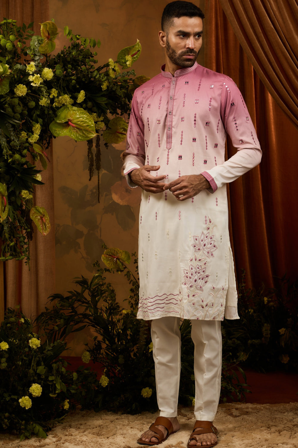 Plum-white ombre silk kurta set with thread embroidery and mirror work